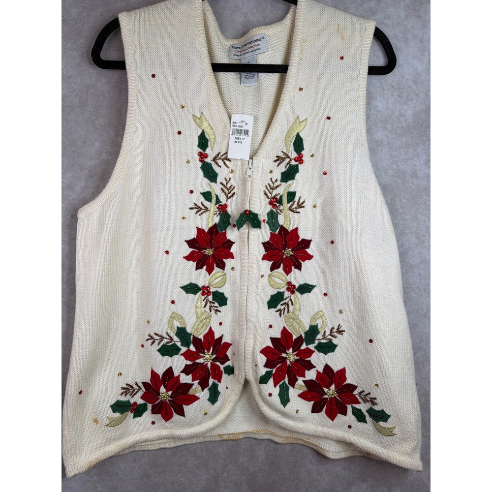 VTG NWT Tiara International Sweater Vest XL Cream Poinsettia Holiday Zip Up READ